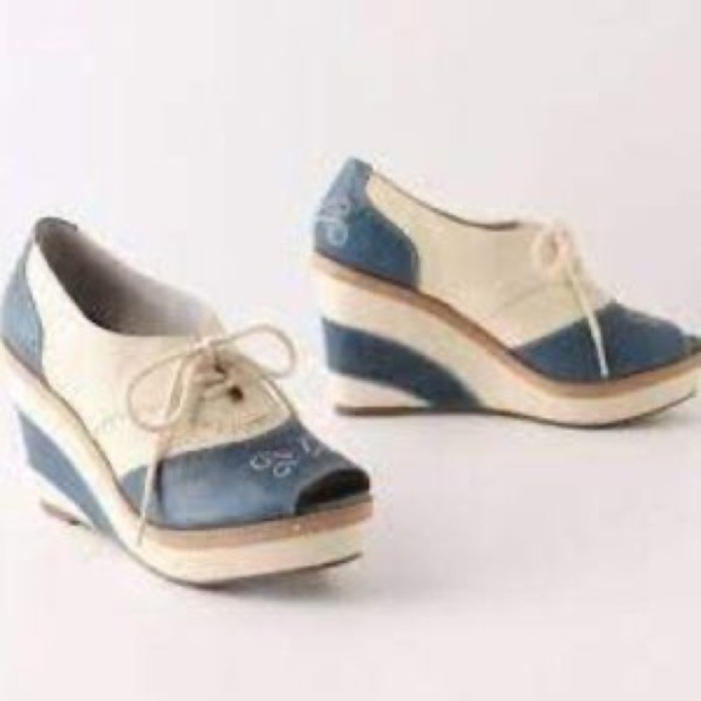 Pilcro Anthropologie platform wedge saddle shoes leather peep toe